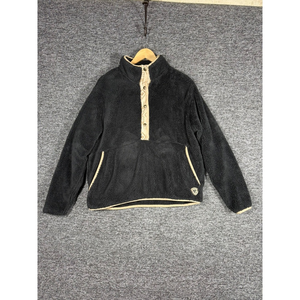Ariat Womens XL Black Sherpa Fleece Pullover Aztec Trim Snap Mock Neck Jacket